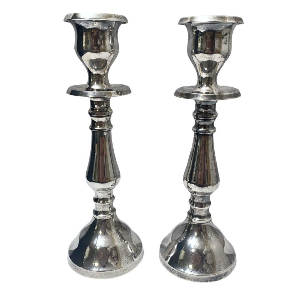 POTTERY BARN Candlesticks Pair Silvertone Metal 8.5" Candle Holders